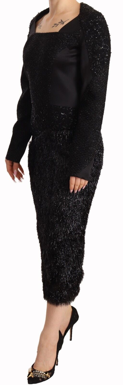 Masha Ma Black Studs Embellished Long Sleeves Sheath Midi Dress