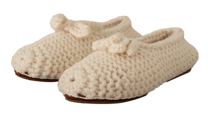 Dolce & Gabbana White Slip On Ballerina Flats Wool Knit Shoes
