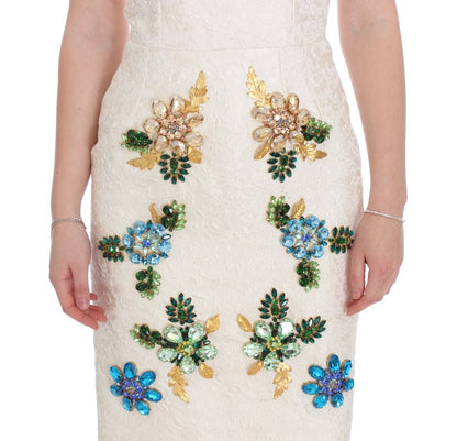 Dolce & Gabbana White Brocade Crystal Sheath Dress
