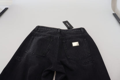 Dolce & Gabbana Black Cotton Tattered High Waist Denim Jeans
