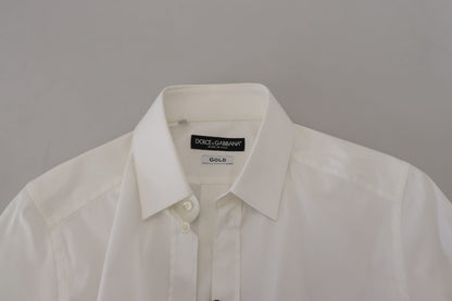 Dolce & Gabbana White Cotton Slim Fit Formal Dress GOLD Shirt
