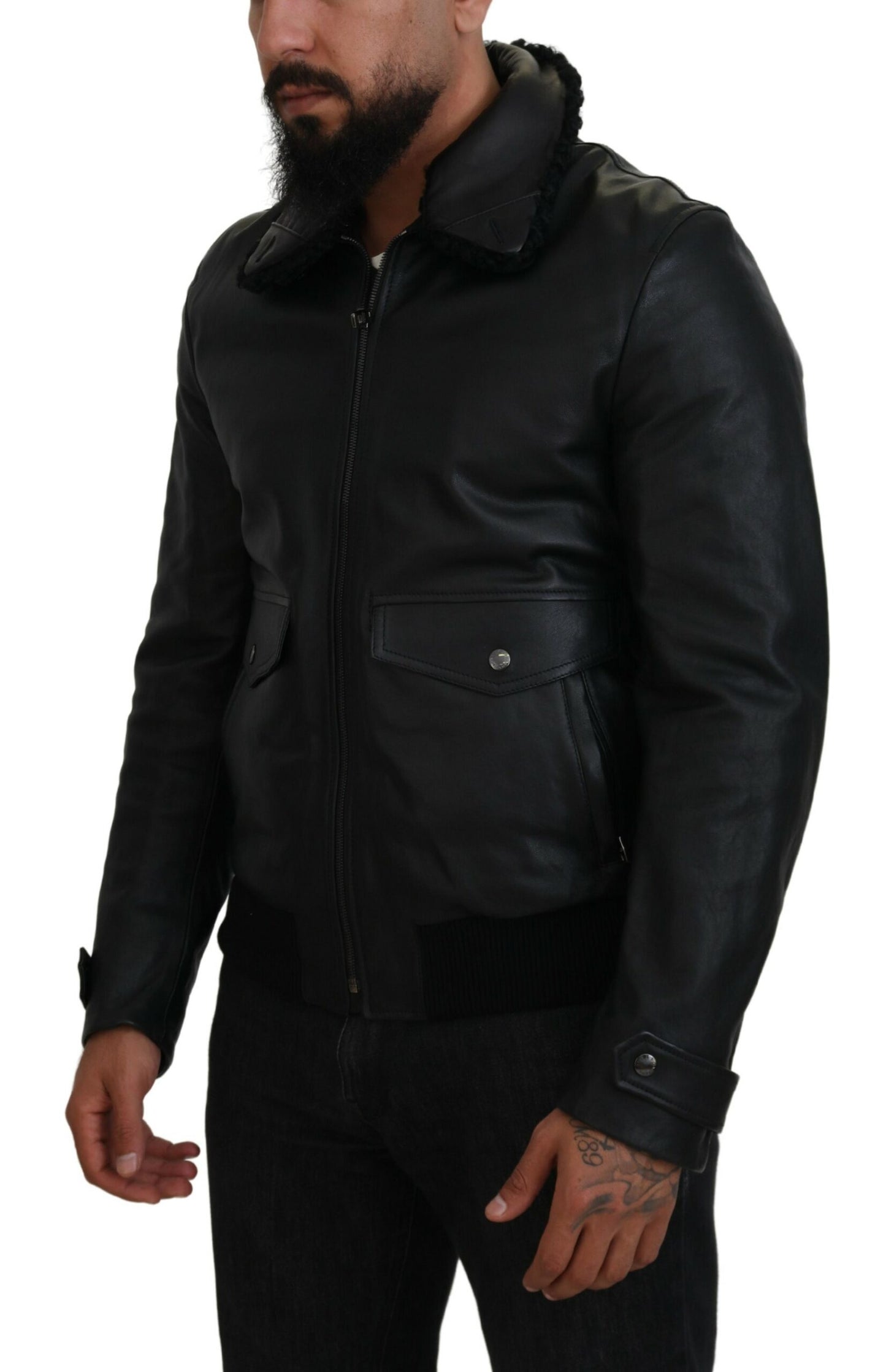Dolce & Gabbana Black Lamb Leather Collared Men Coat Jacket