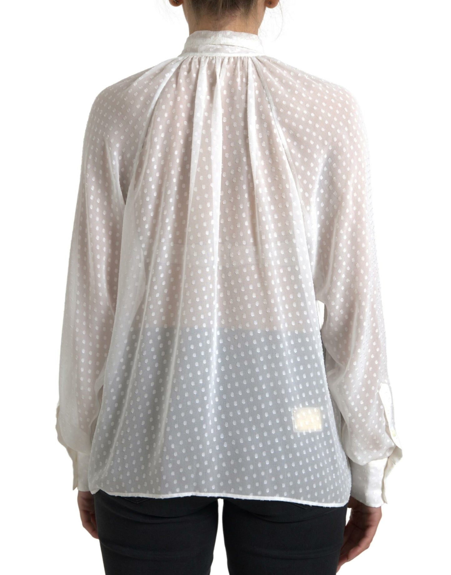 Dolce & Gabbana White Silk Sheer Tied Neck Polka Dots Blouse