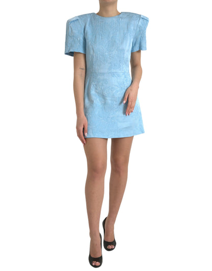 Dolce & Gabbana Light Blue Floral Jacquard Puff Sleeve Mini Dress