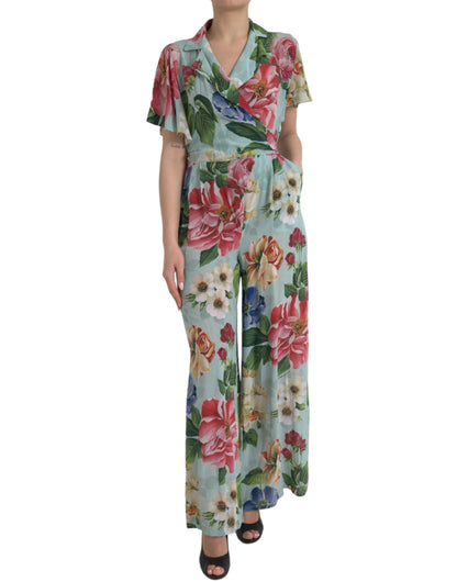 Dolce & Gabbana Blue Floral Wide Leg Wrap Jumpsuit Dress