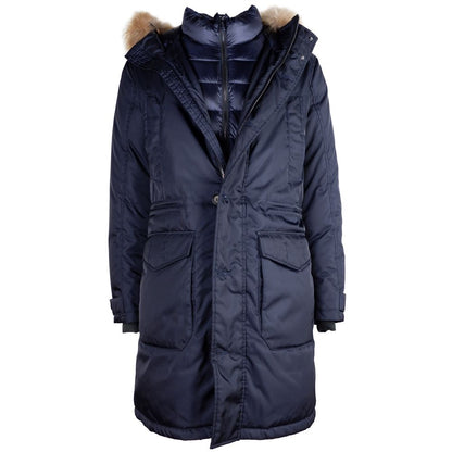 Add Blue Nylon Men Jacket with Fur-Trimmed Hood