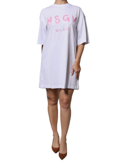 MSGM White Logo Print Cotton T-shirt Short Sleeves Mini Dress