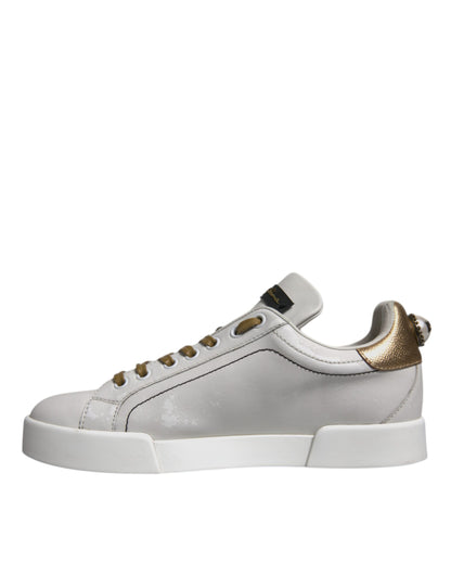 Dolce & Gabbana White Gold Leather Low Top Sneakers Shoes