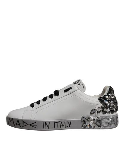 Dolce & Gabbana White Silver Crystal Logo Portofino Sneakers Shoes