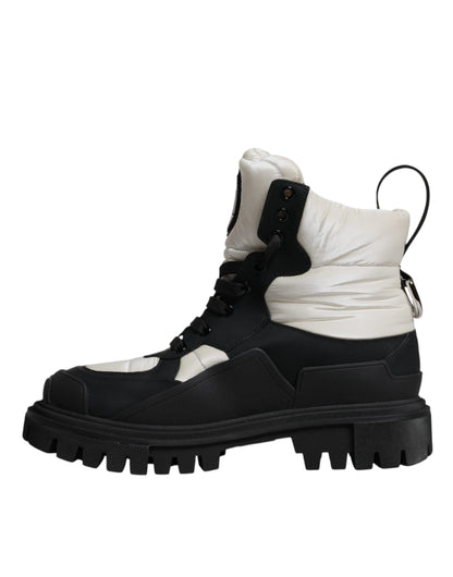 Dolce & Gabbana Black White Padded Mid Calf Lace Up Boots Shoes
