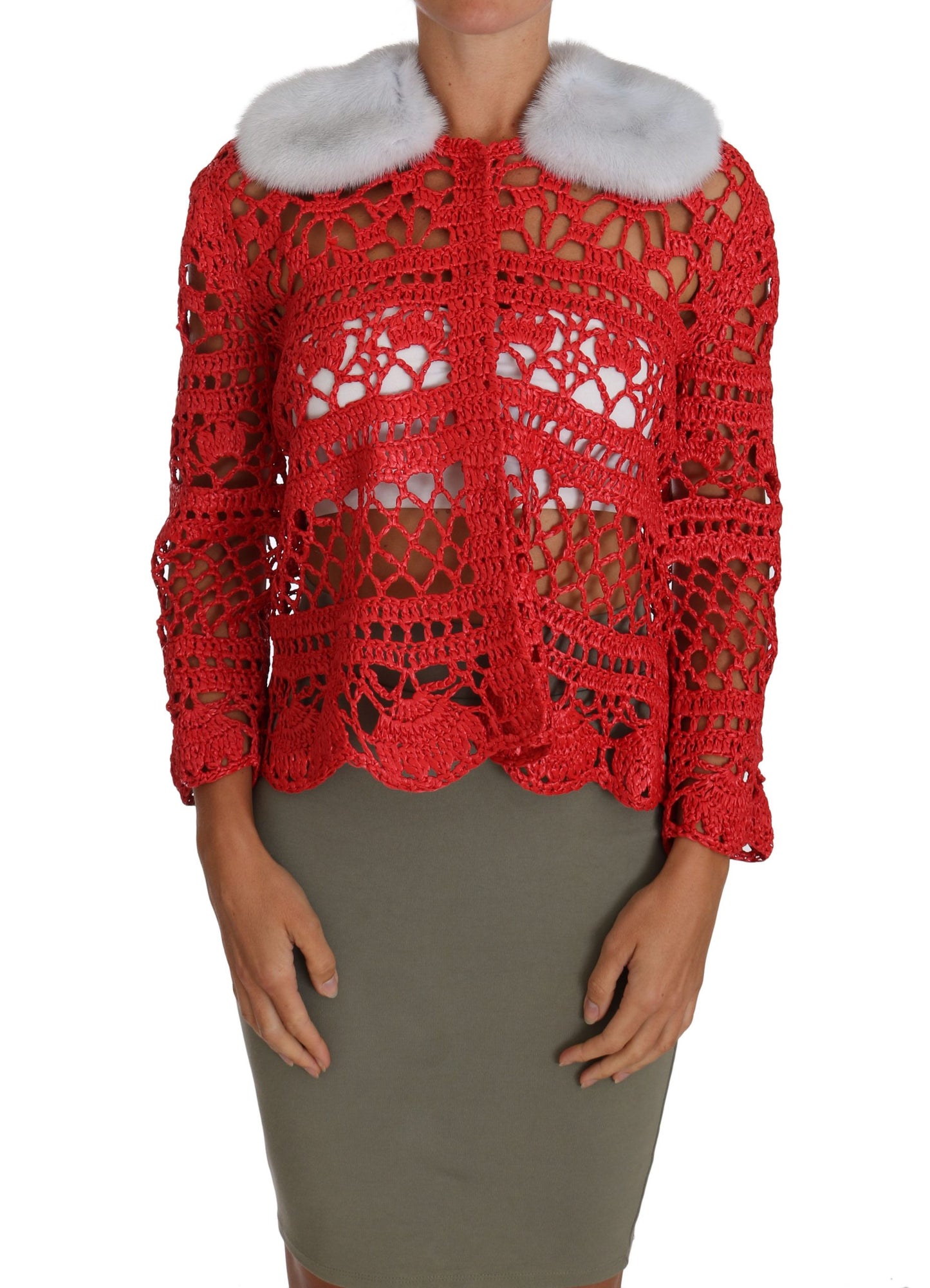 Dolce & Gabbana Red Cardigan Crochet Knit Raffia Sweater
