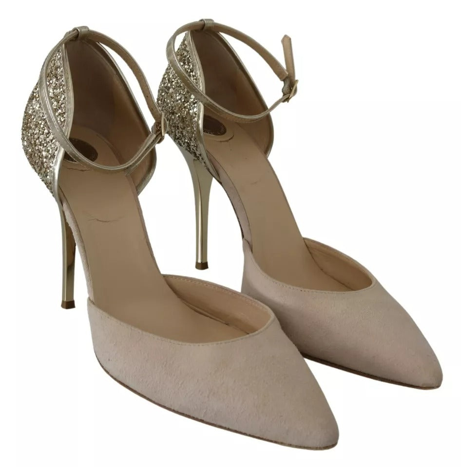 Elisabetta Franchi Beige Linen Ankle Strap High Heels Shoes