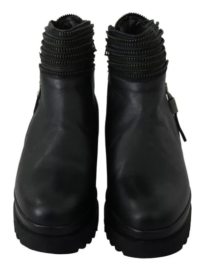 Ovyé Black Leather Zipper Ankle Boots Shoes