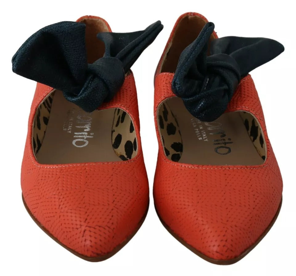 EBARRITO Orange Leather Bow Slip-on Loafers Ballet Flat Shoes