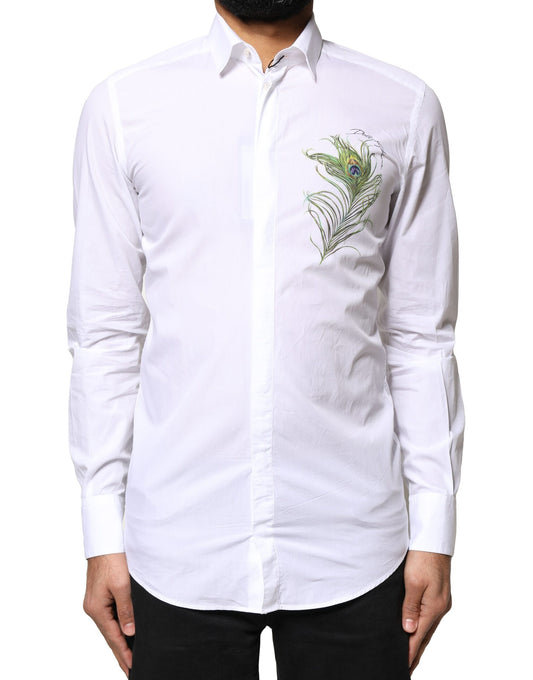 Dolce & Gabbana White Cotton Peacock Feather GOLD Formal Shirt