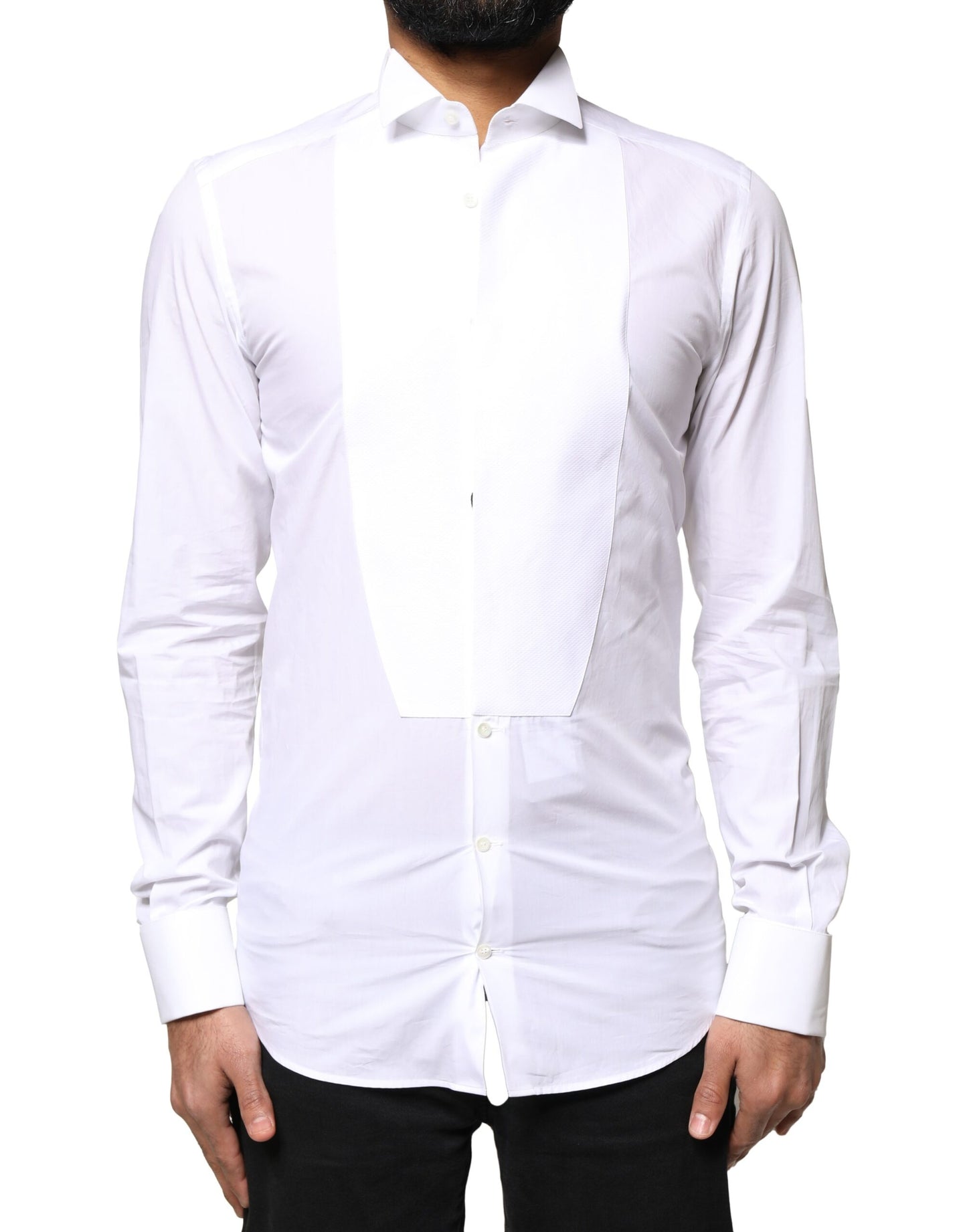 Dolce & Gabbana White GOLD Cotton Poplin Bib Formal Men Dress Shirt