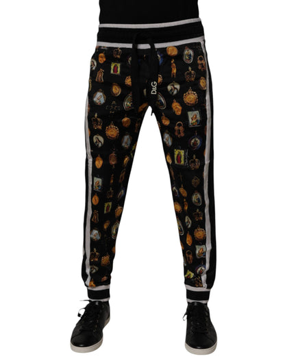 Dolce & Gabbana Black Religious Print Silk Men Jogger Pants