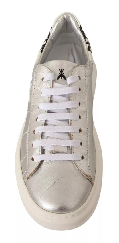 Patrizia Pepe Silver Full Grain Leather Lace Up Sneakers Shoes