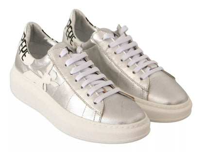 Patrizia Pepe Silver Full Grain Leather Lace Up Sneakers Shoes