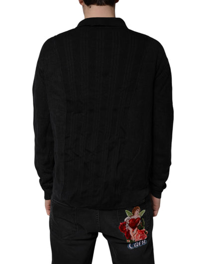 Dolce & Gabbana Black Heraldic Silk Buttoned Pullover Sweater