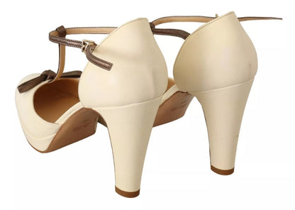 SERGIO LEVANTESI Beige T-Strap Block Heels Pumps Leather Shoes
