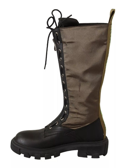 Gaelle Black Green High Combat Boots Lace Up Military Shoes