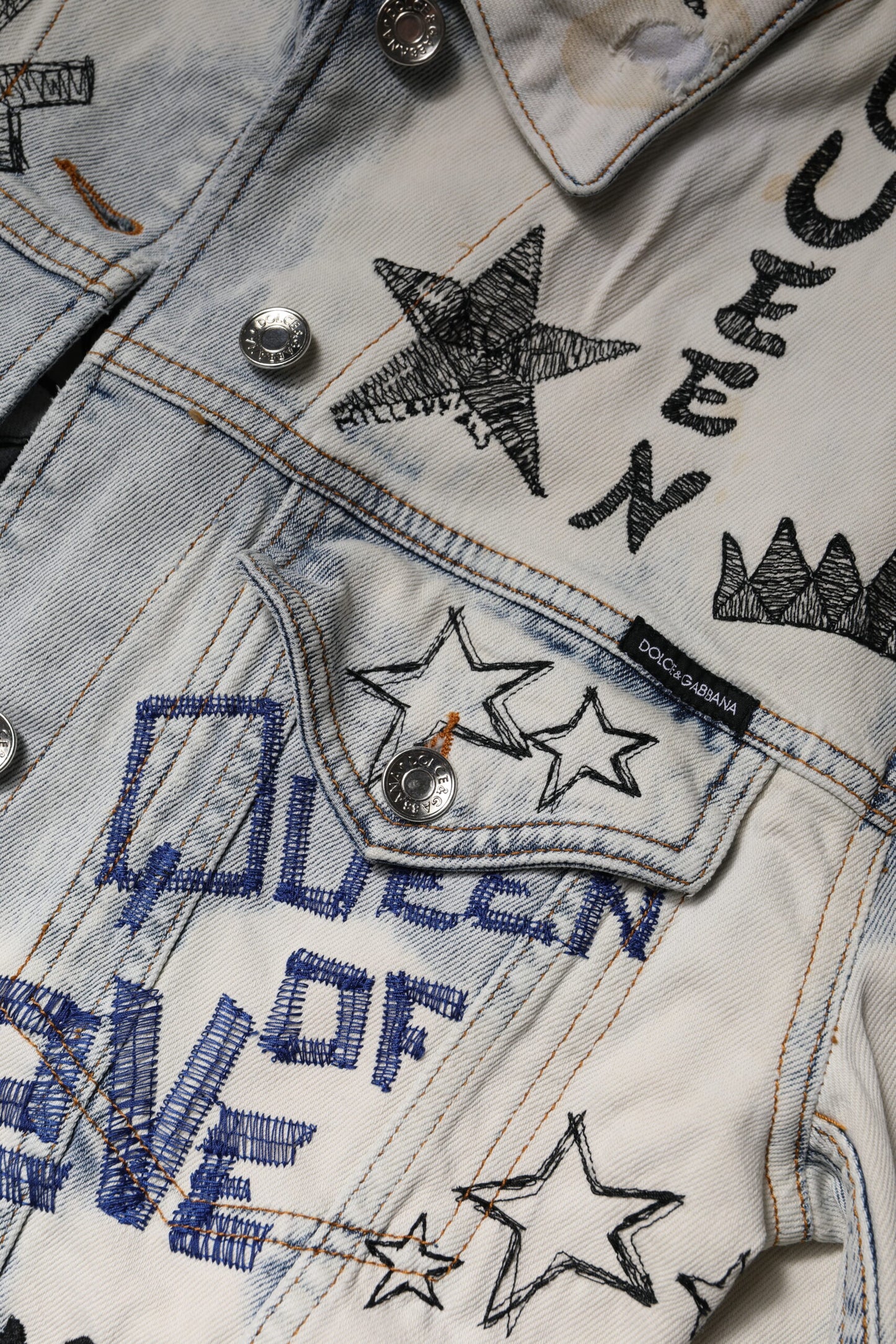 Dolce & Gabbana Light Blue Graffiti Button Down Denim Jacket