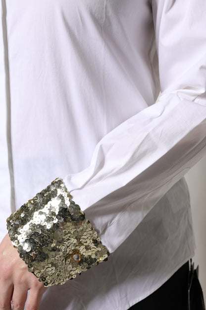 Dolce & Gabbana White Cotton Long Sleeves Sequin Shirt Top