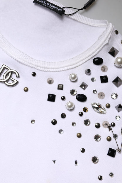 Dolce & Gabbana White Embellished Long Sleeve Cropped Sweater