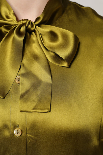 Dolce & Gabbana Olive Green Ascot Collar Long Sleeve Blouse Top