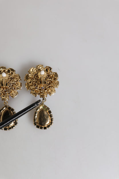 Dolce & Gabbana Purple Flower Pearl Teardrop Crystals Clip On Earrings