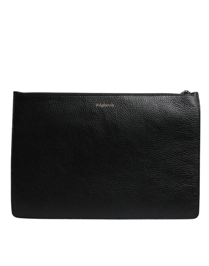 Dolce & Gabbana Black Leather #DGFAMILY Embellished Men Zip Pouch Bag