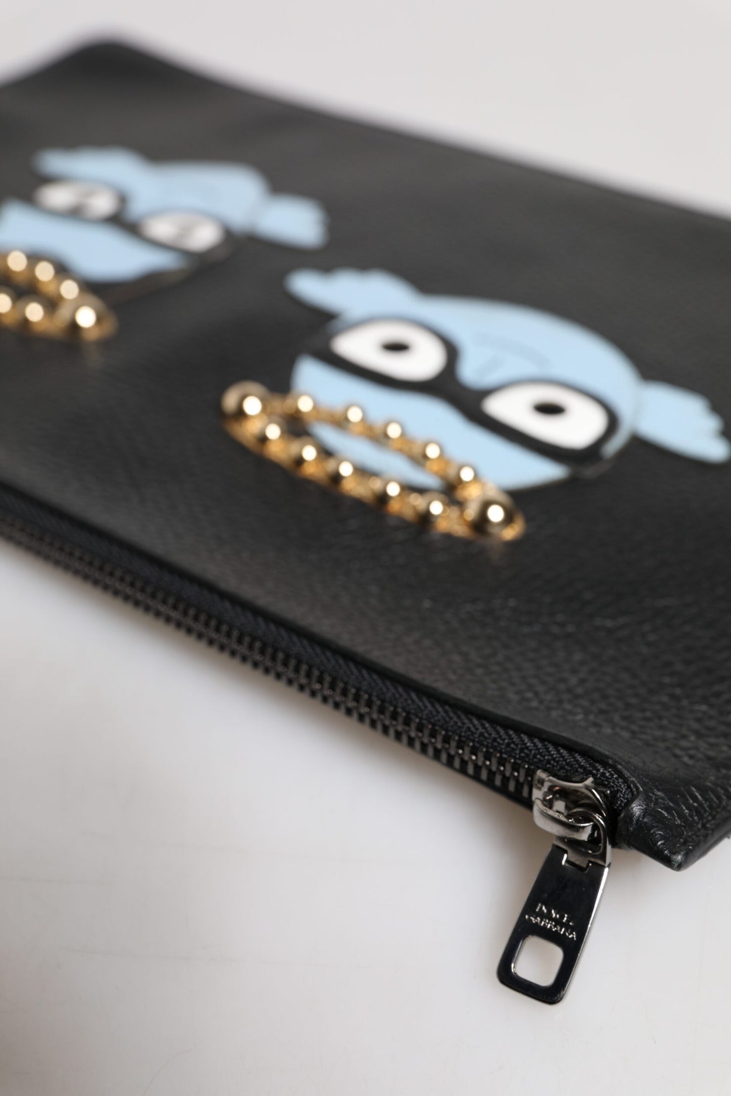 Dolce & Gabbana Black Leather #DGFAMILY Embellished Men Zip Pouch Bag