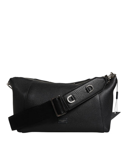 Dolce & Gabbana Black Leather Logo Plaque Shoulder Crossbody Bag