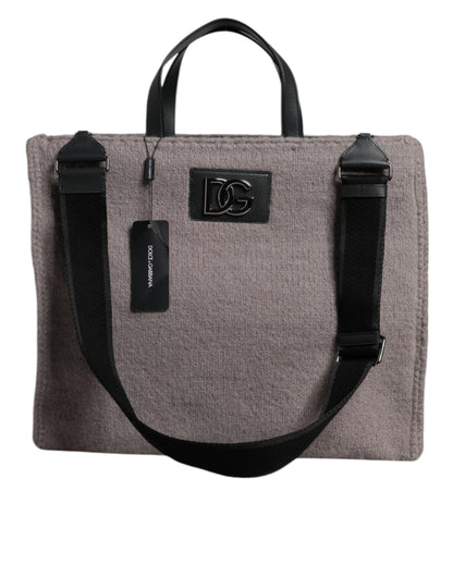 Dolce & Gabbana Grey Alpaca Wool Logo Plaque Tote Shoulder Bag
