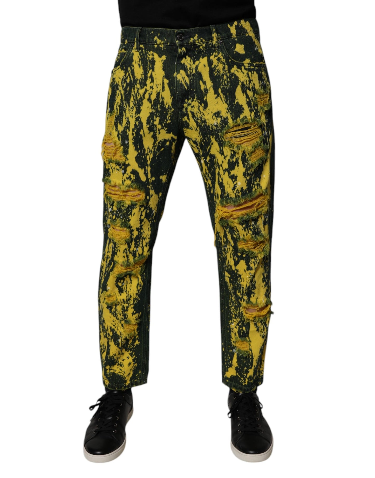 Dolce & Gabbana Black Yellow Tie Dye Tattered Skinny Men Denim Jeans