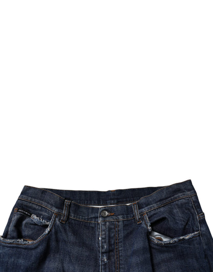 Dolce & Gabbana Dark Blue Tattered Wide Leg Men Denim Jeans