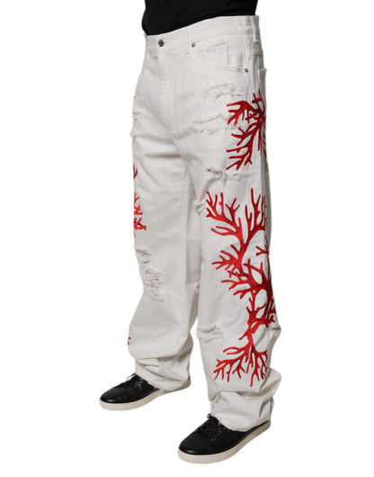 Dolce & Gabbana White Corals Tattered Straight Denim Jeans