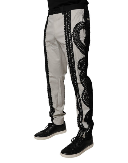 Dolce & Gabbana White Lace Trim Mid Waist Dress Formal Pants