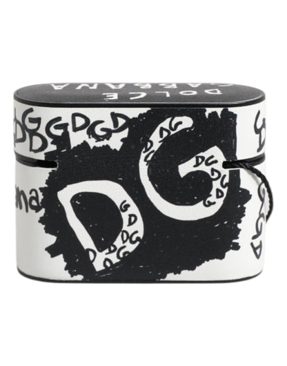 Dolce & Gabbana Black White Leather Scribble Embossed Logo Airpods Case