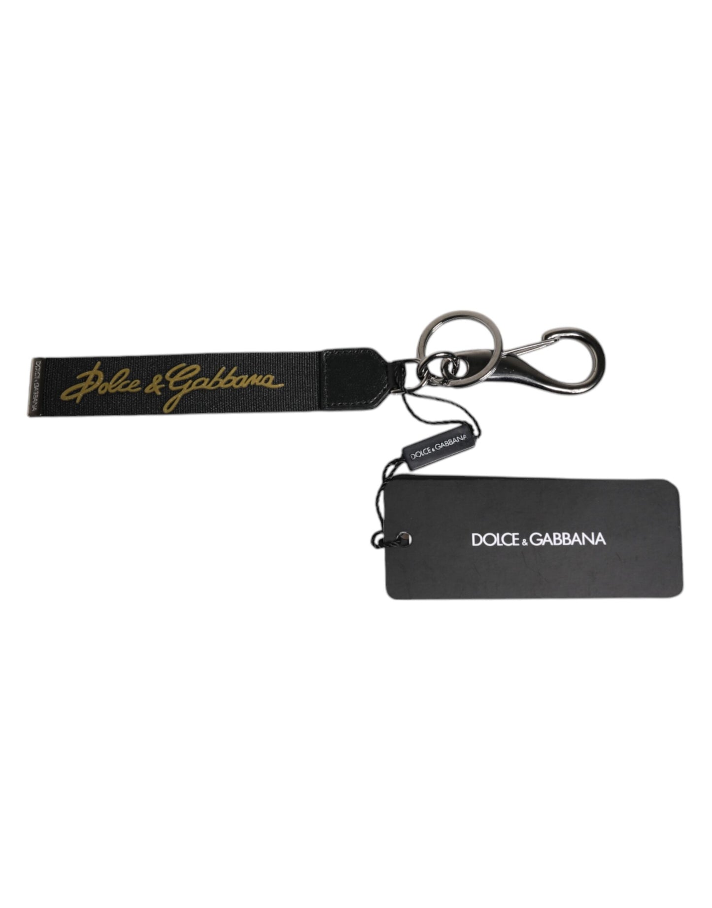 Dolce & Gabbana Black Logo Nylon Silver Brass Men Holder Keychain Keyring