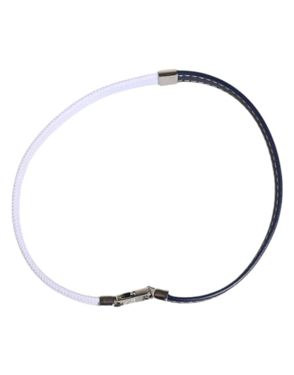 Dolce & Gabbana Blue White Leather Trimmed DG Engraved Silver Tone Clasp Bracelet