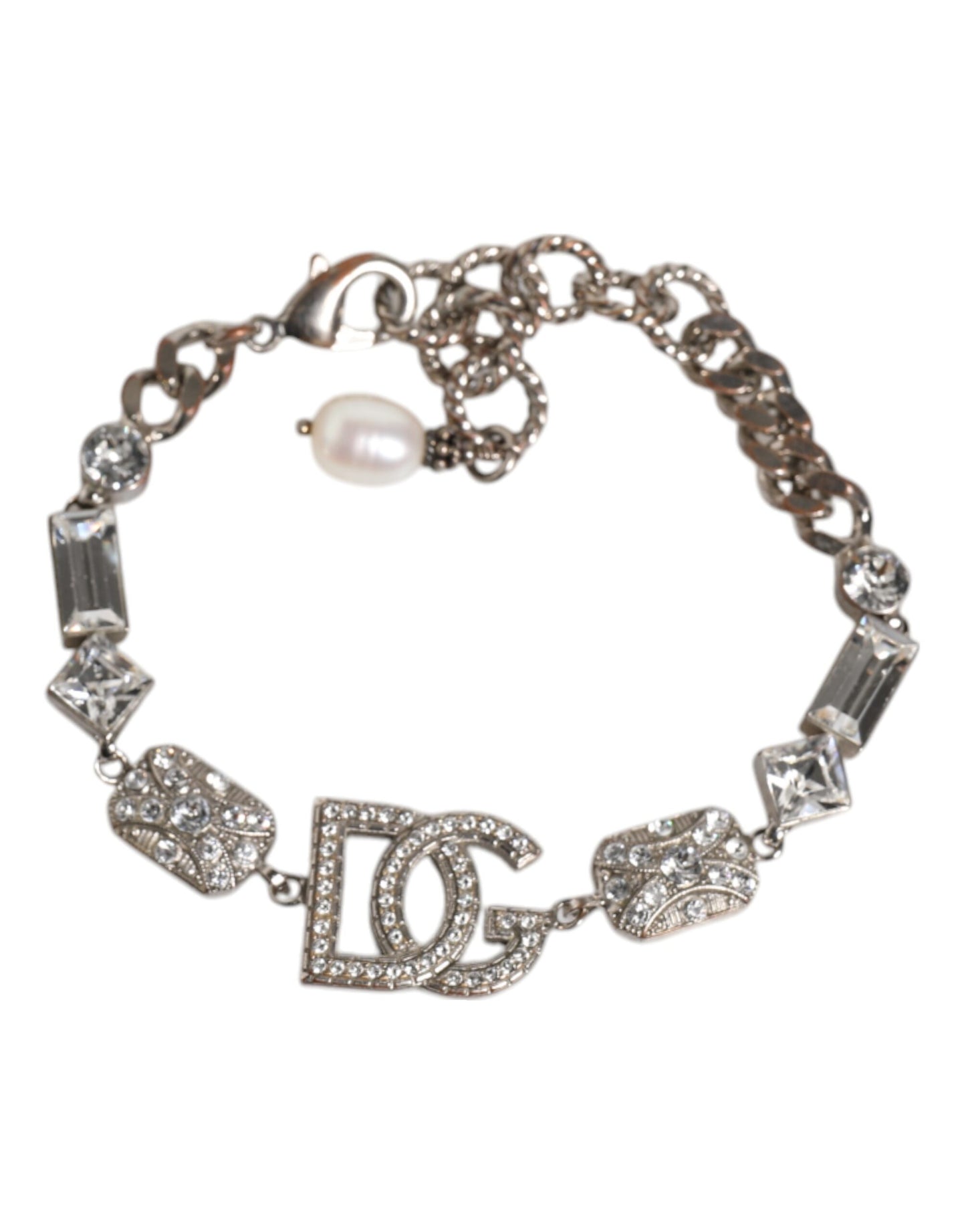 Dolce & Gabbana Silver Brass Crystal DG Logo Charm Embellished Bracelet