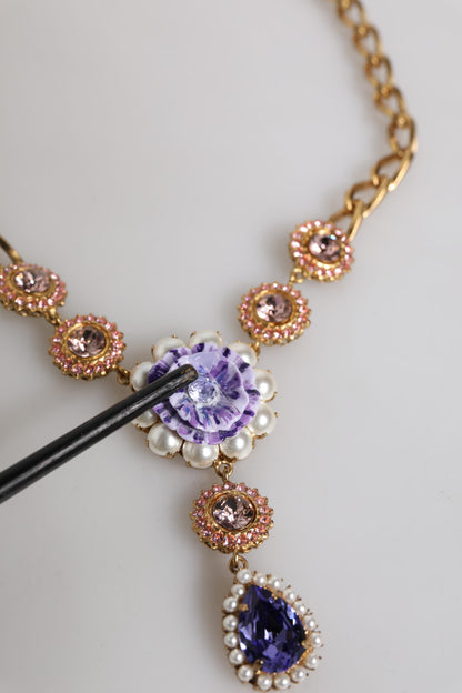 Dolce & Gabbana Gold Brass Floral Crystals Pearl Embellished Necklace