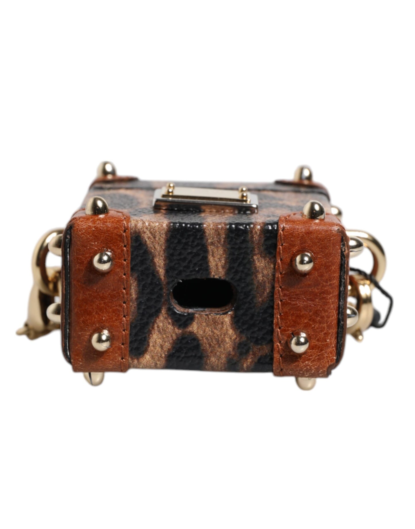 Dolce & Gabbana Brown Leopard Metal Logo Plaque Gold Chain Airpods Case