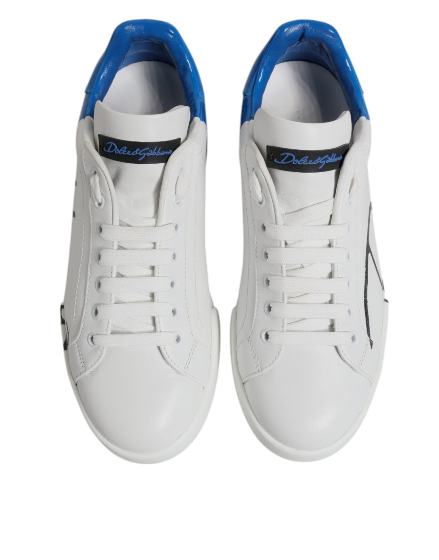 Dolce & Gabbana White Blue Leather Logo Low Top Sneakers Shoes