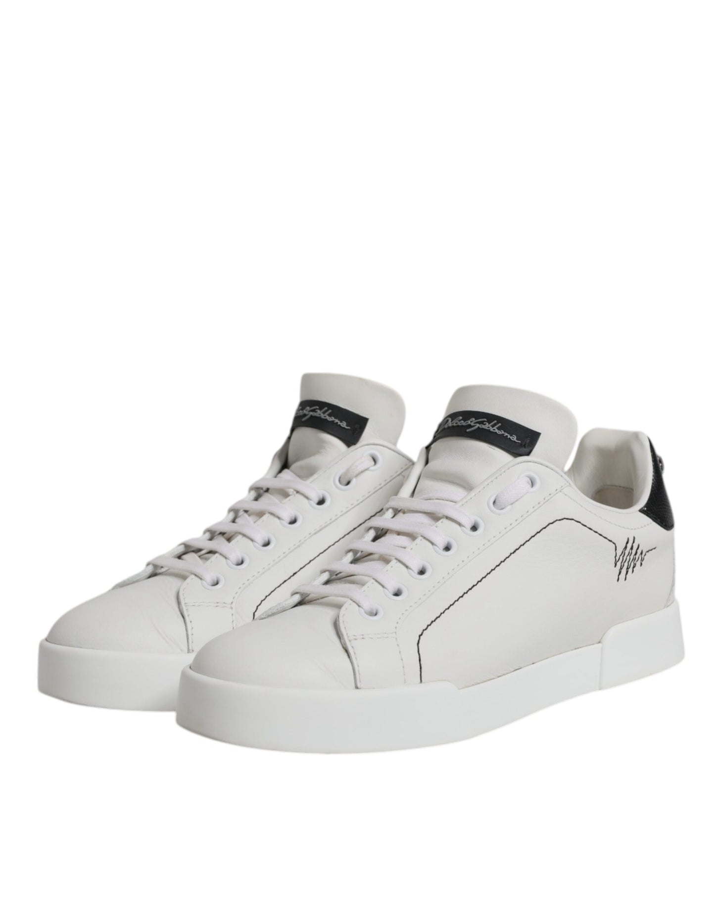 Dolce & Gabbana White Black Leather Low Top Sneakers Shoes
