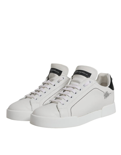 Dolce & Gabbana White Black Leather Low Top Sneakers Shoes