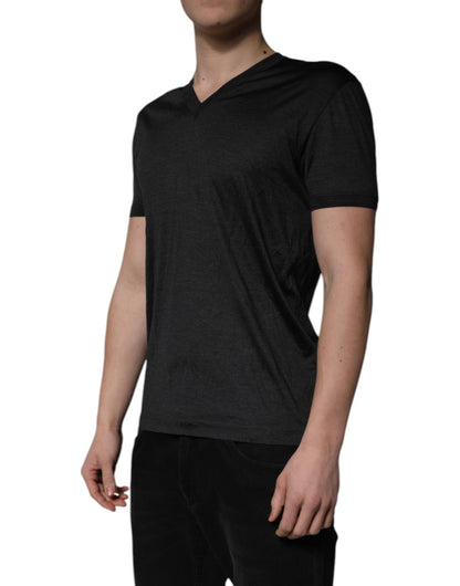 Dolce & Gabbana Dark Gray Silk V-neck Short Sleeves T-shirt
