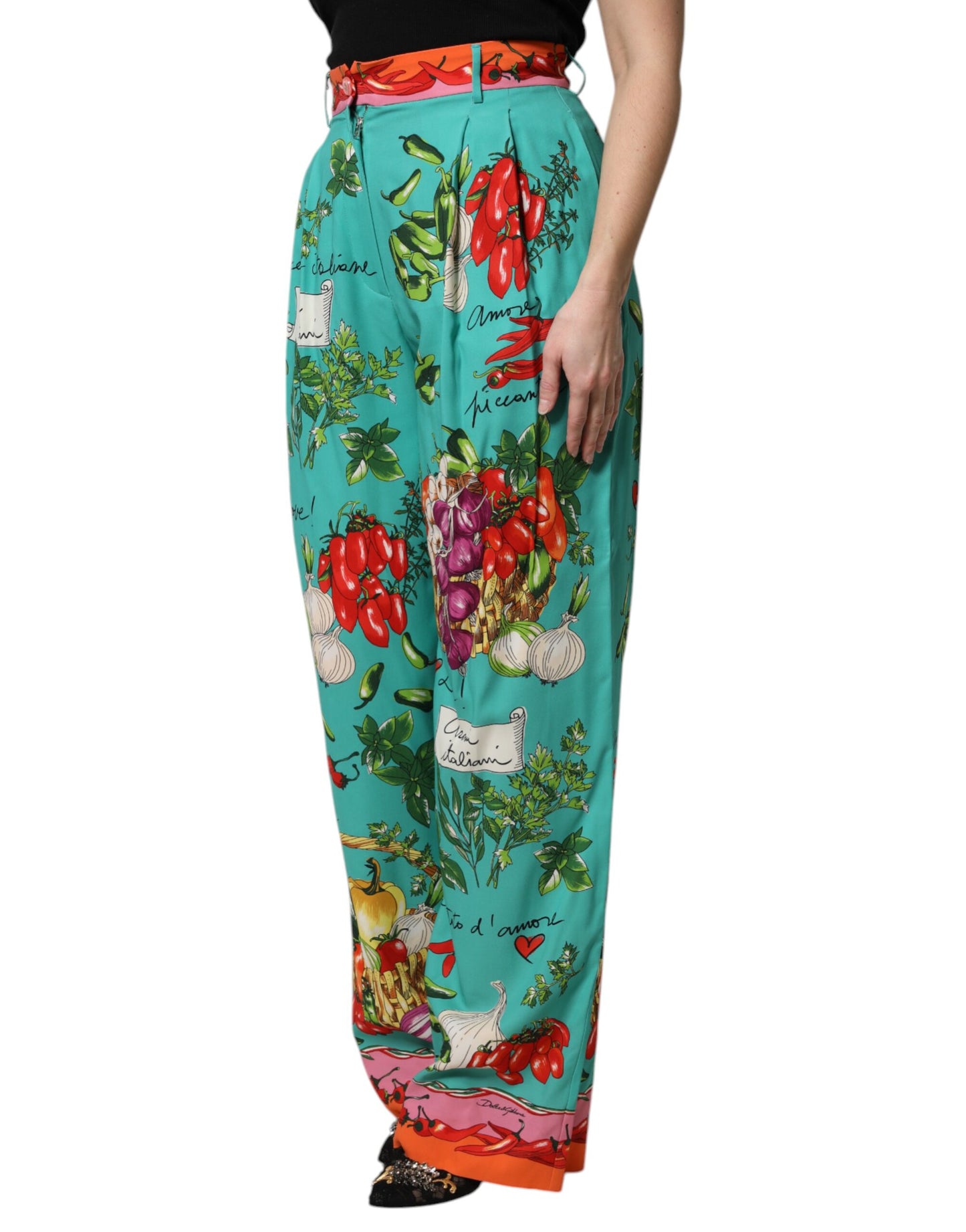 Dolce & Gabbana Green Silk Printed Straight Pants